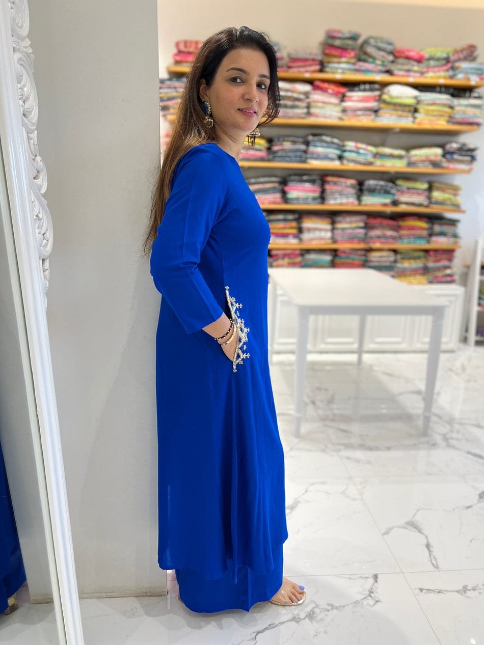 Blue Pure Cotton Kurti Palazzo Set