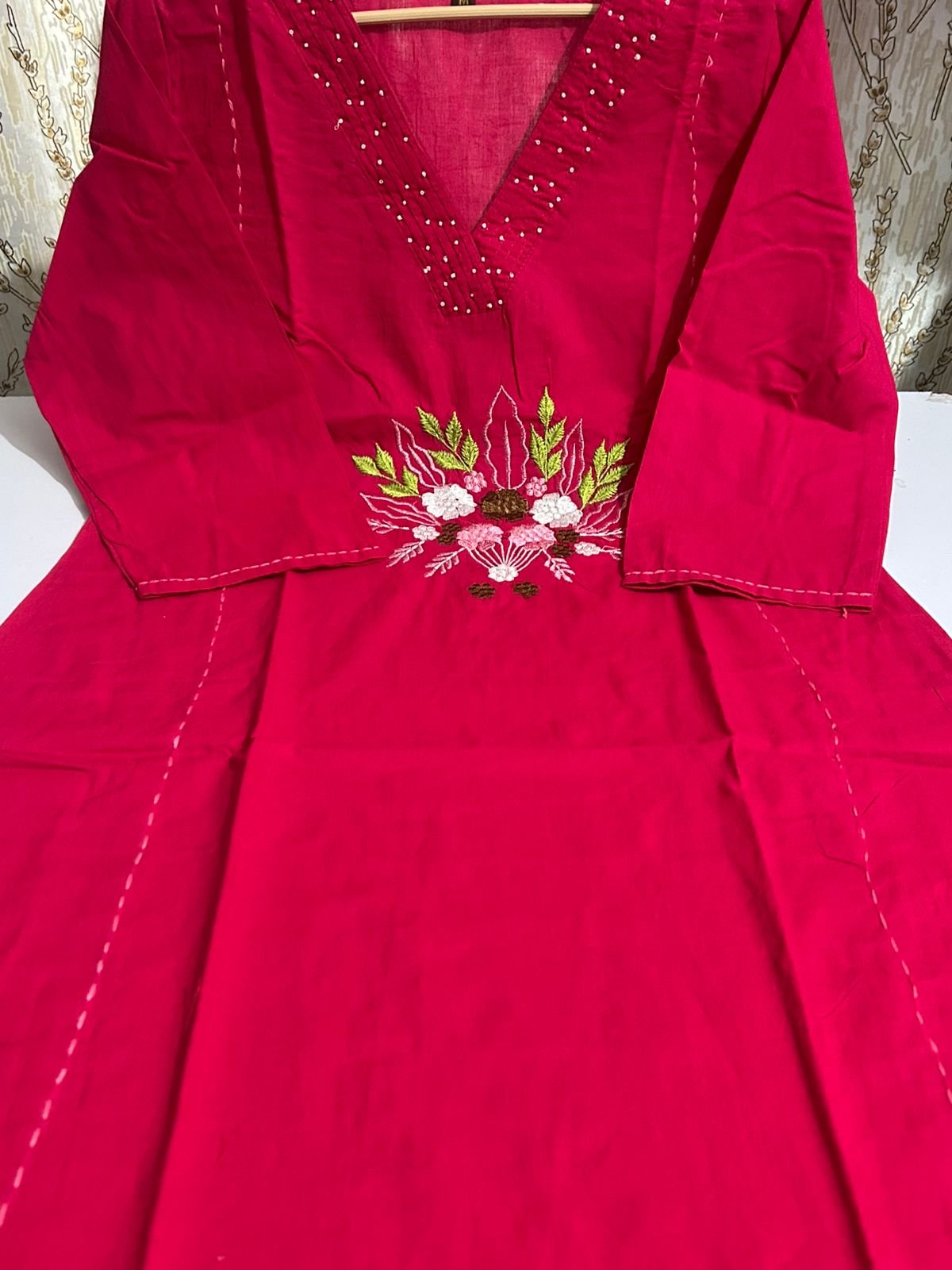 Cotton Khadi Embroidered Kurti Pant Suit Set