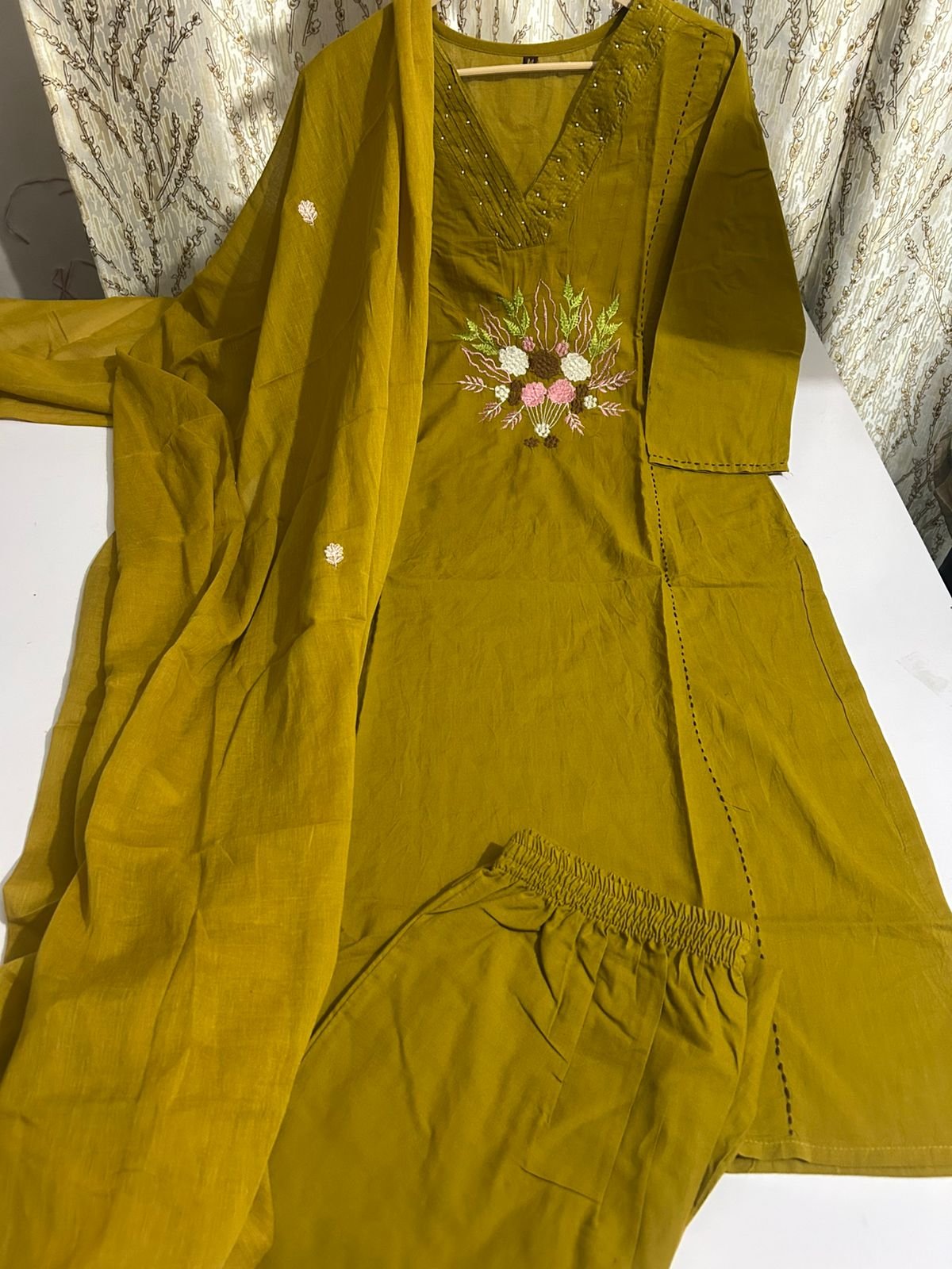 Cotton Khadi Embroidered Kurti Pant Suit Set