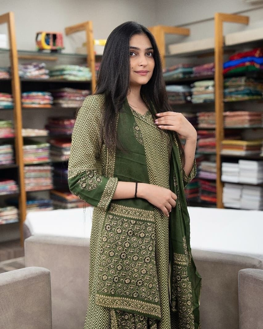 Cotton Printed Angrakha Anarkali Suit Set