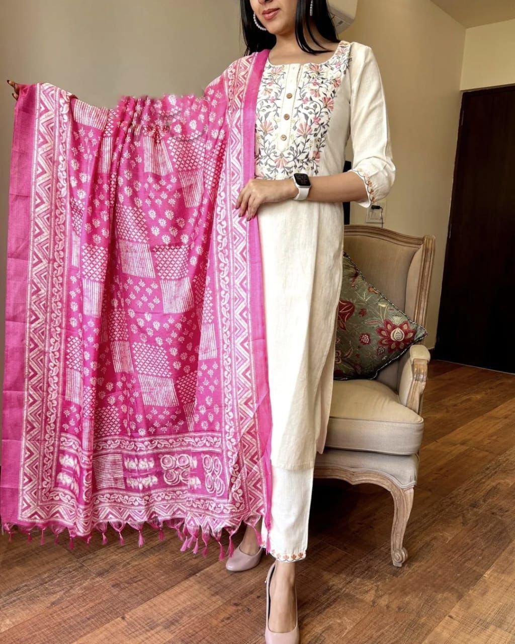 Handloom Khadi Cotton Embroidered Suit with Silk Dupatta