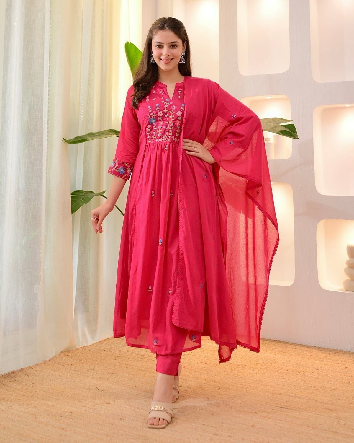 Pink Cotton Embroidered Kurti Set with Pant & Dupatta