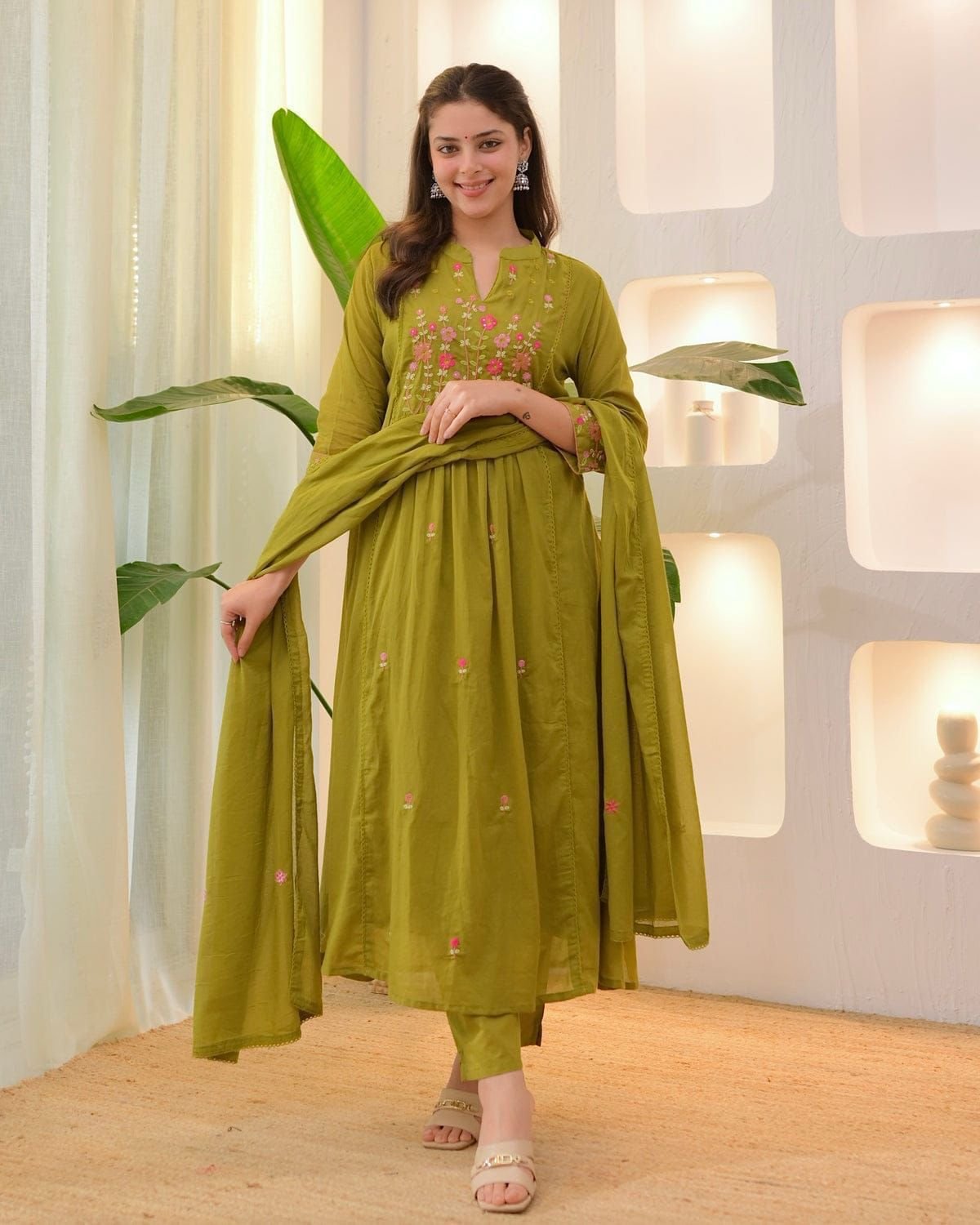 Green Cotton Embroidered Kurti Set with Pant & Dupatta