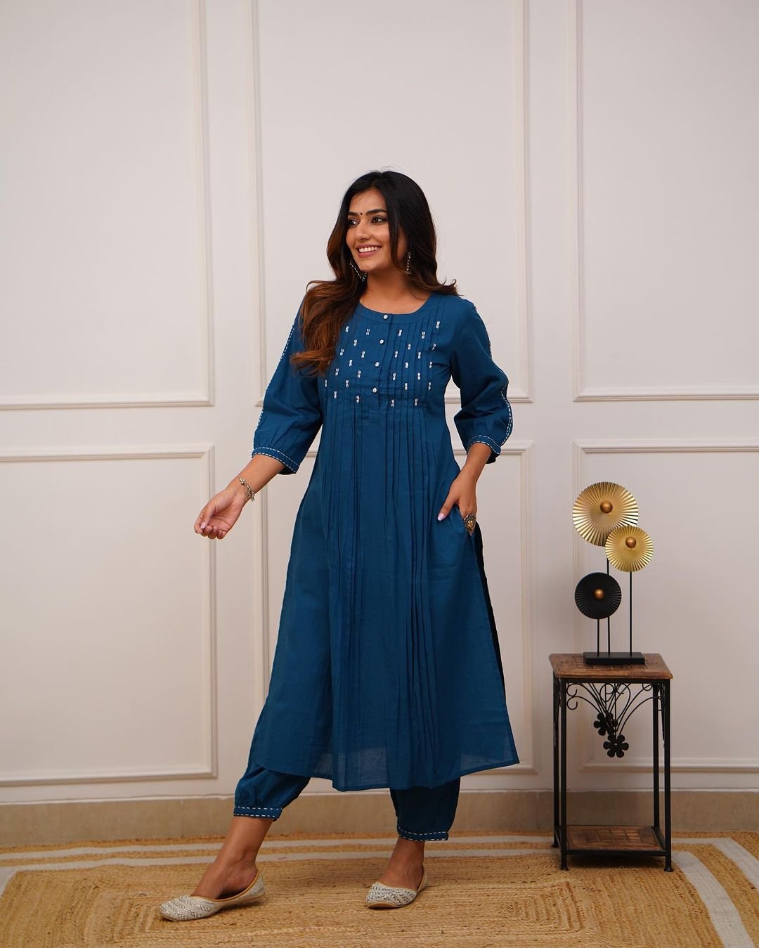 Blue Cotton Kurti Pant Set with Tagai & Button Work