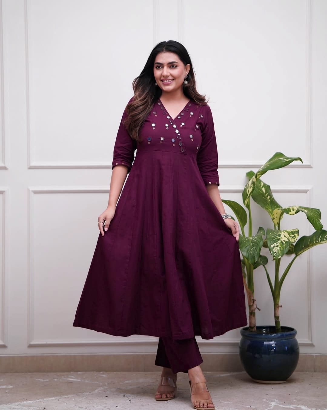 Maroon Cotton Kurti Pant Set with Mirror Work Detailing