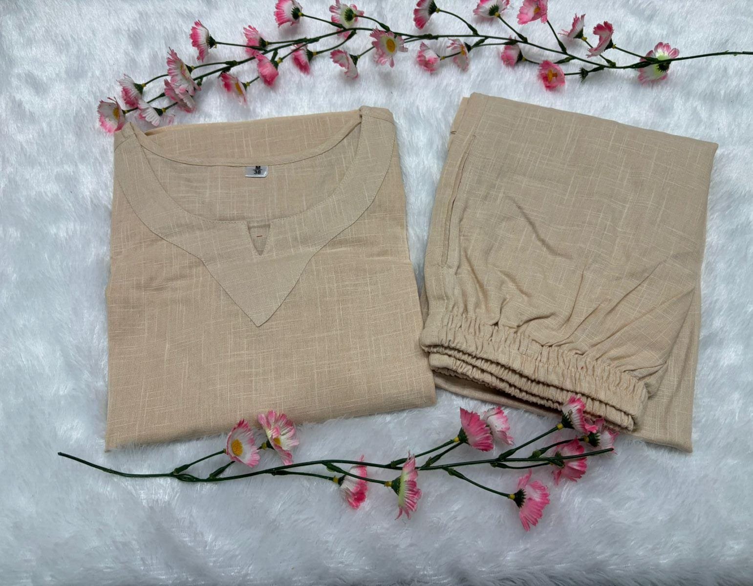 Cream Cotton Slub Coord Set with Palazzo and Pockets