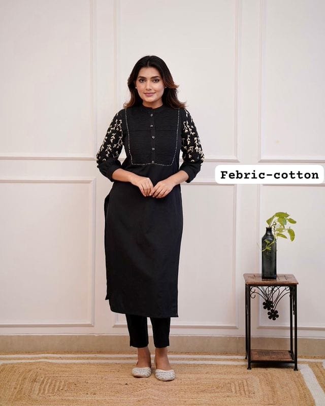 Black Kurti Pant Set with Embroidery & Pintex Detailing