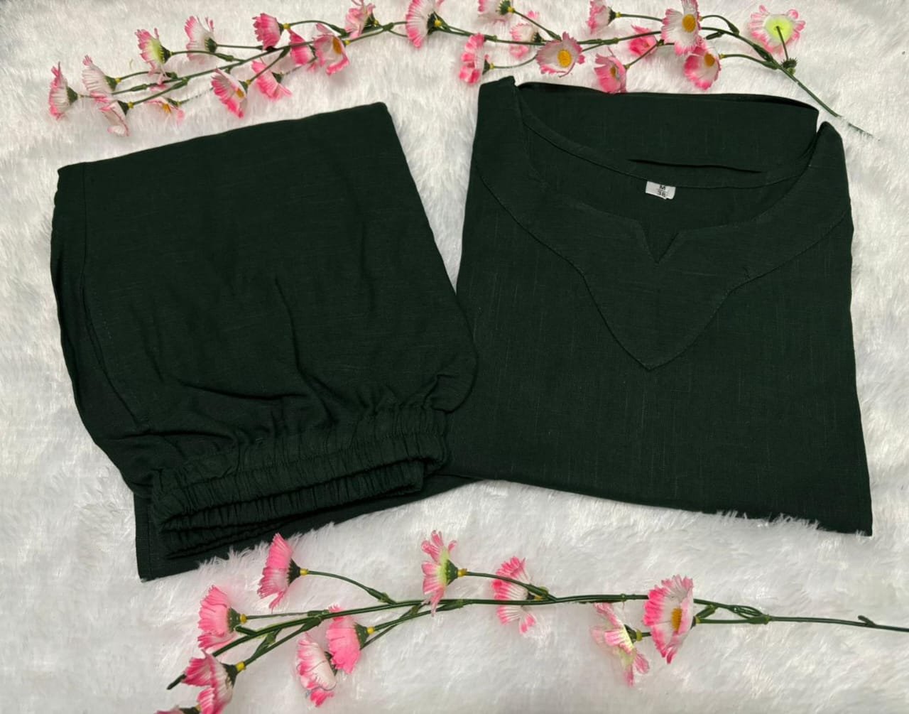 Green Cotton Slub Coord Set with Palazzo and Pockets