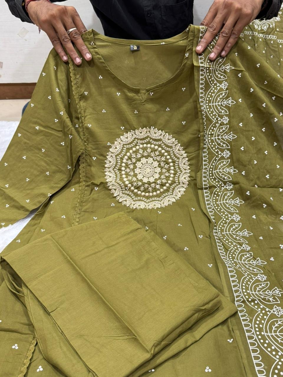 Green Cotton Suit Set with Embroidered Dupatta