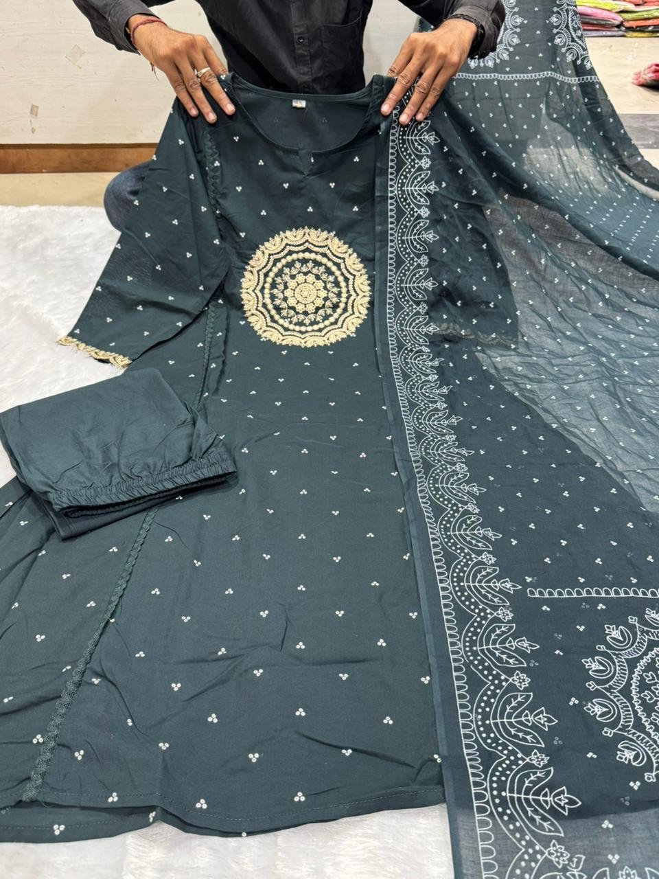 Blue Cotton Suit Set with Embroidered Dupatta