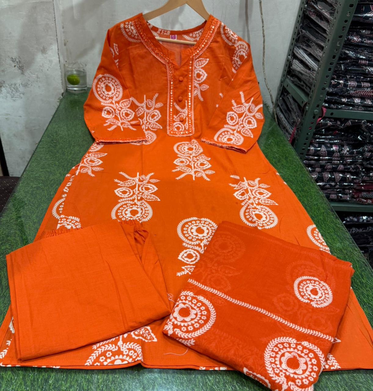 Orange Cotton Kurti Pant Dupatta Set with Embroidery