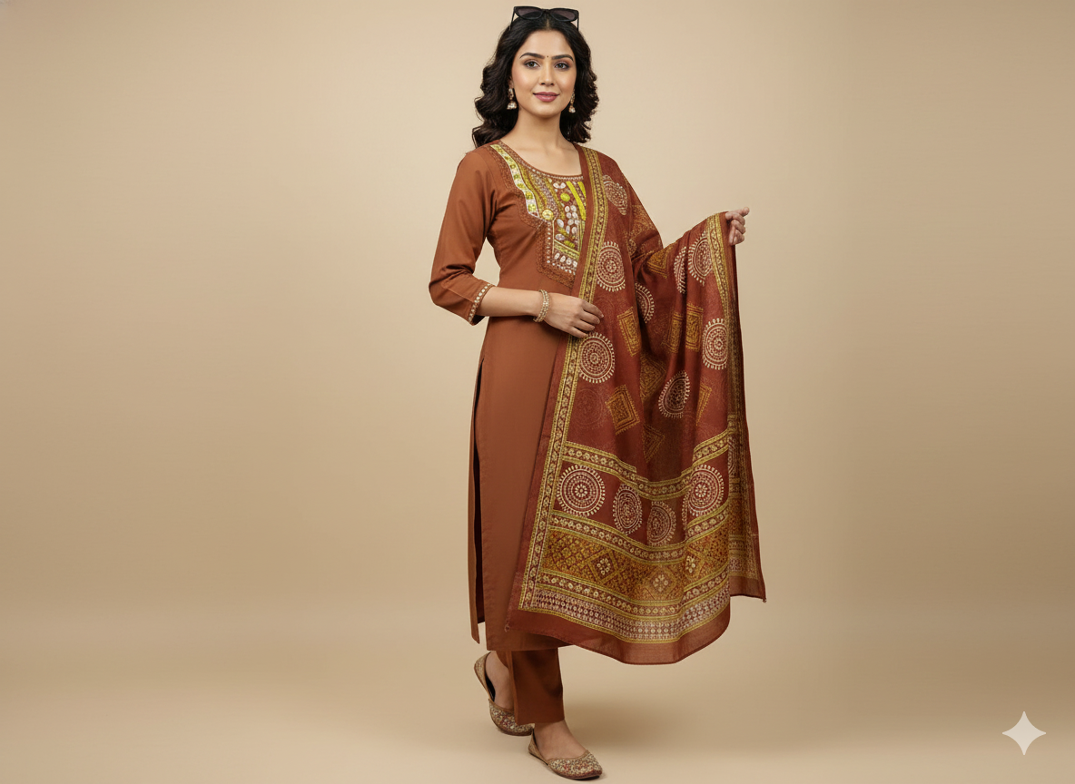 Embroidered Cotton Kurti Palazzo Dupatta Set