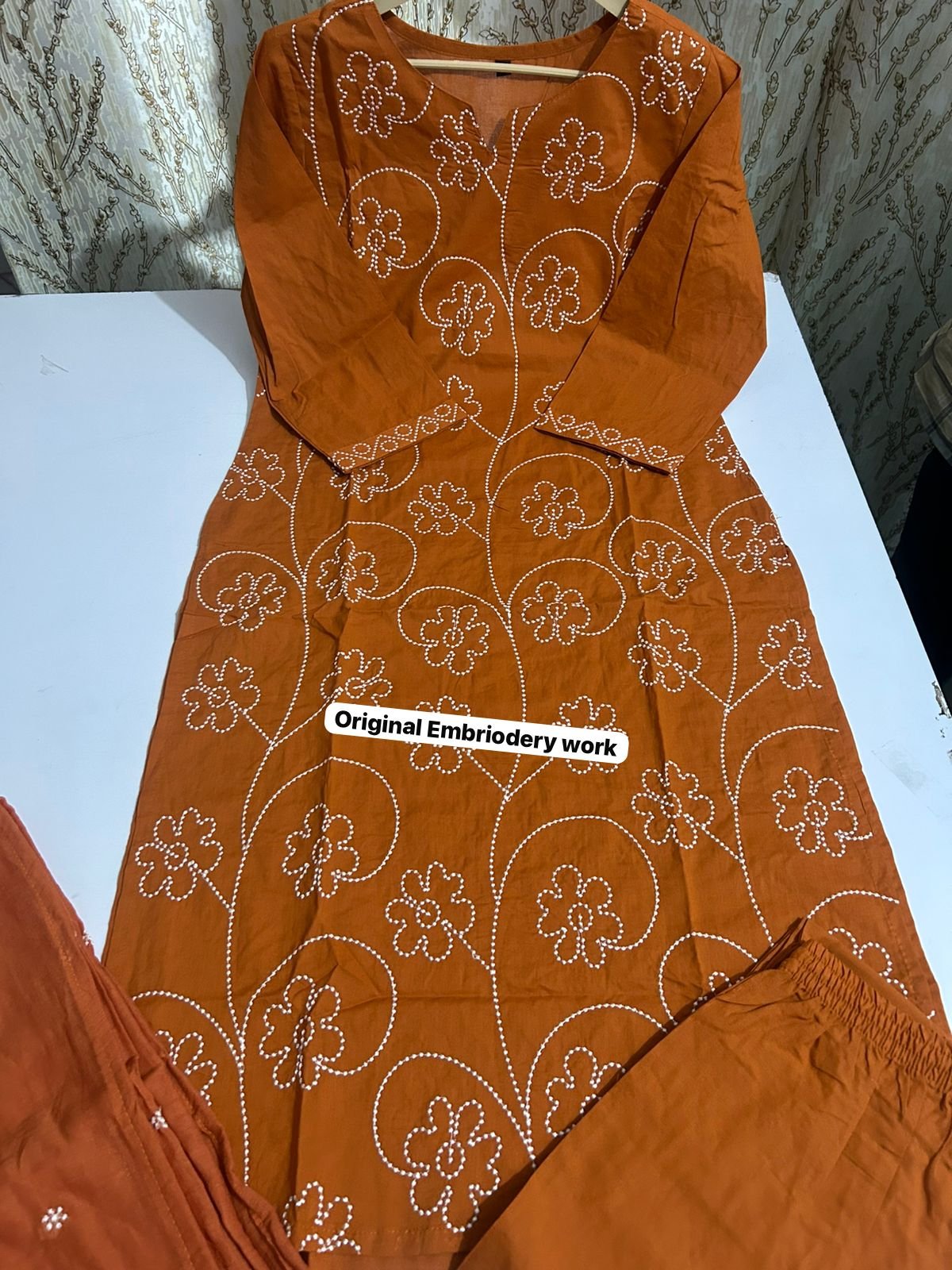 Orange Cotton Embroidered Khadi Suit Set