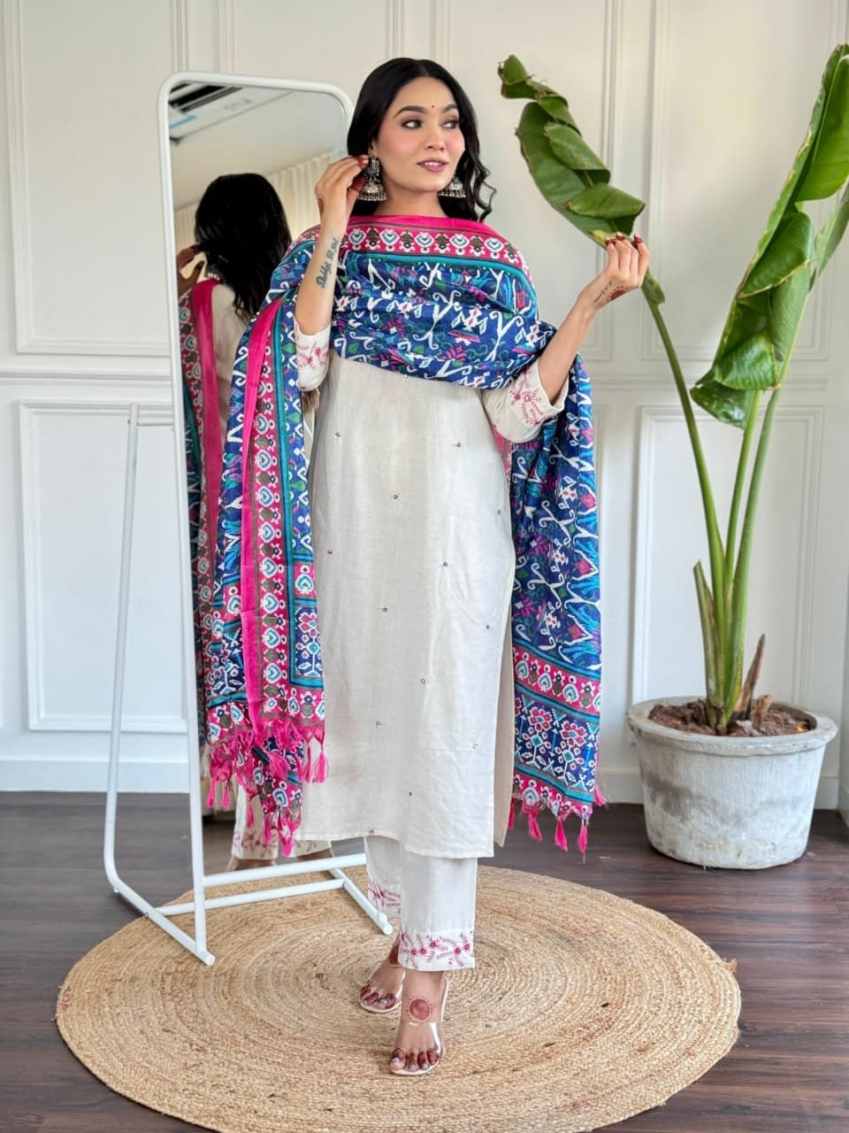 Cotton Flex Embroidered Kurti Set with Silk Dupatta