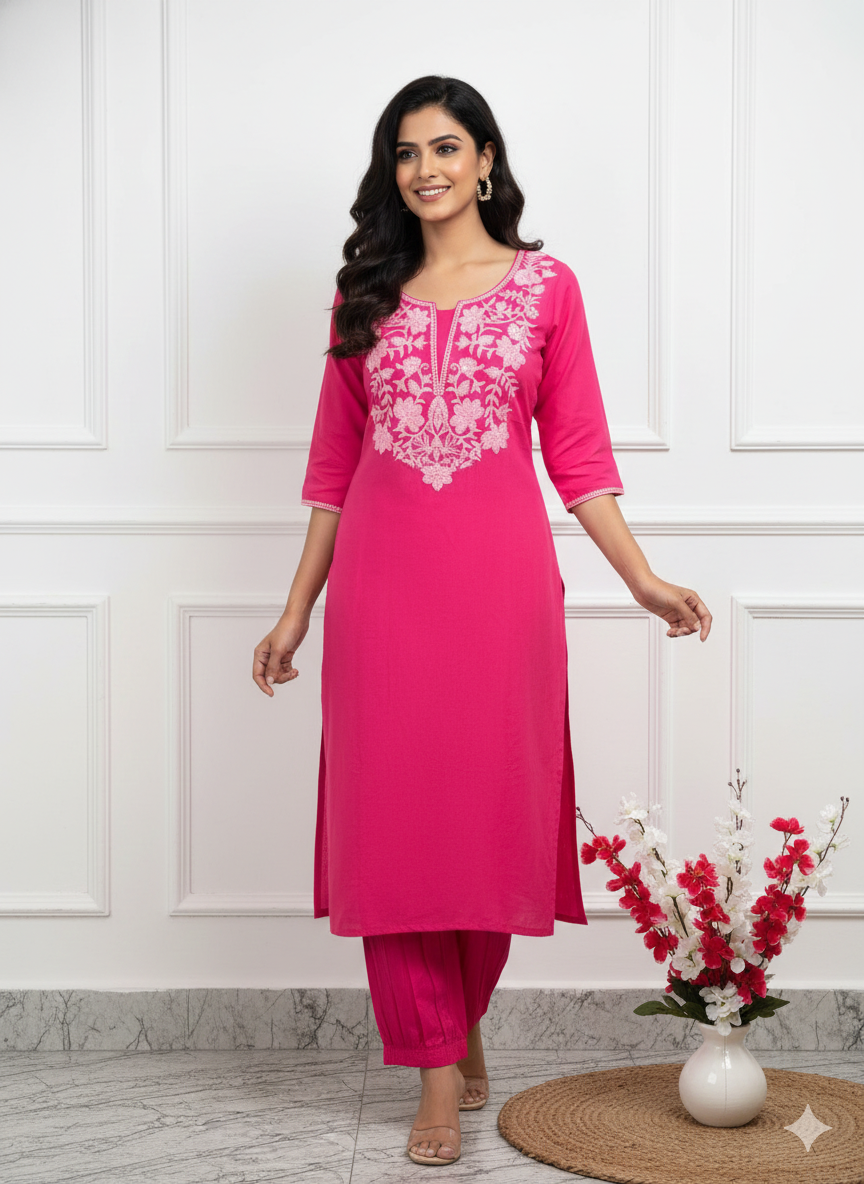 Pink Khadi Flex Cotton Embroidered Suit Set
