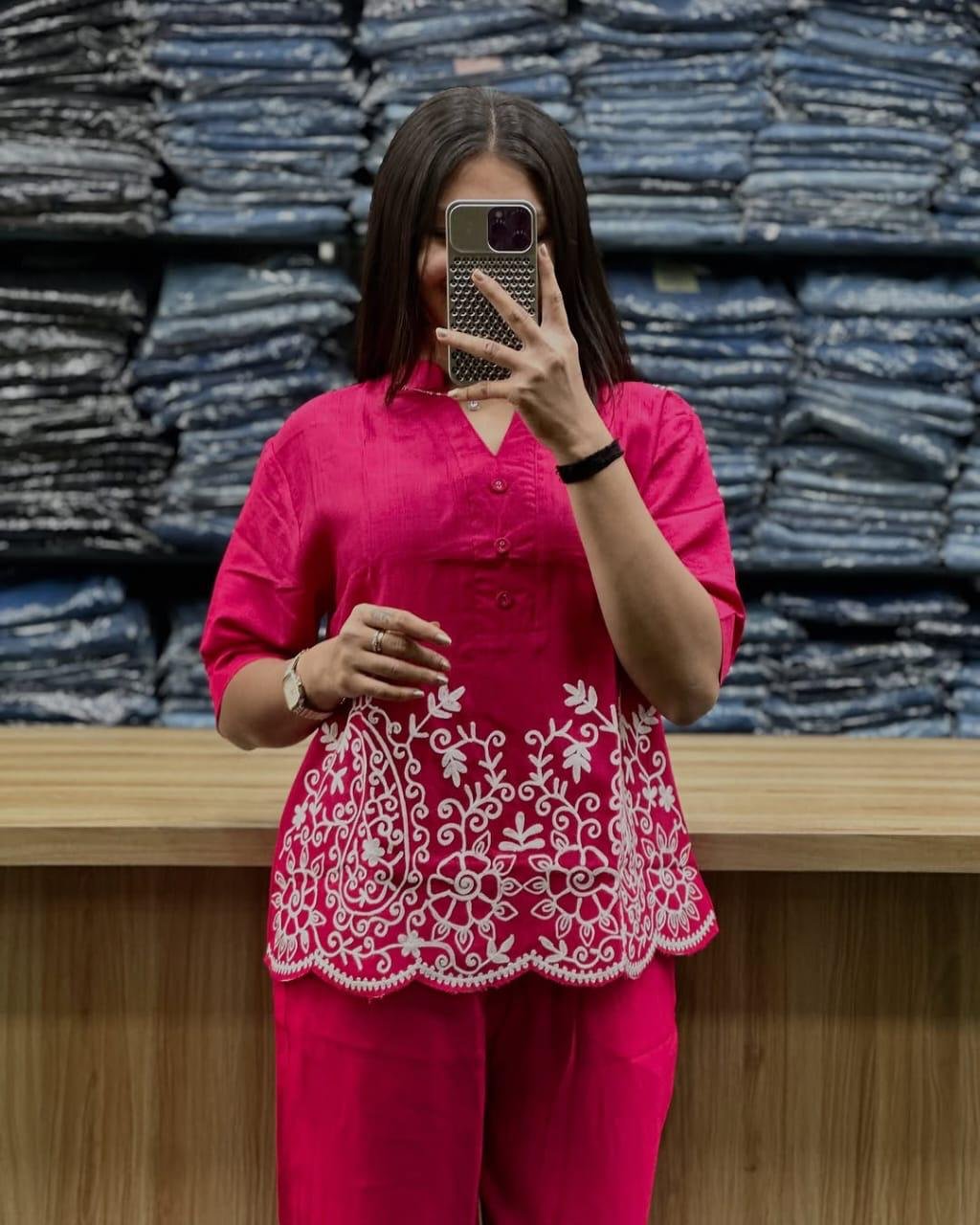 Pink Chikankari Cotton Slub Co-Ord Set