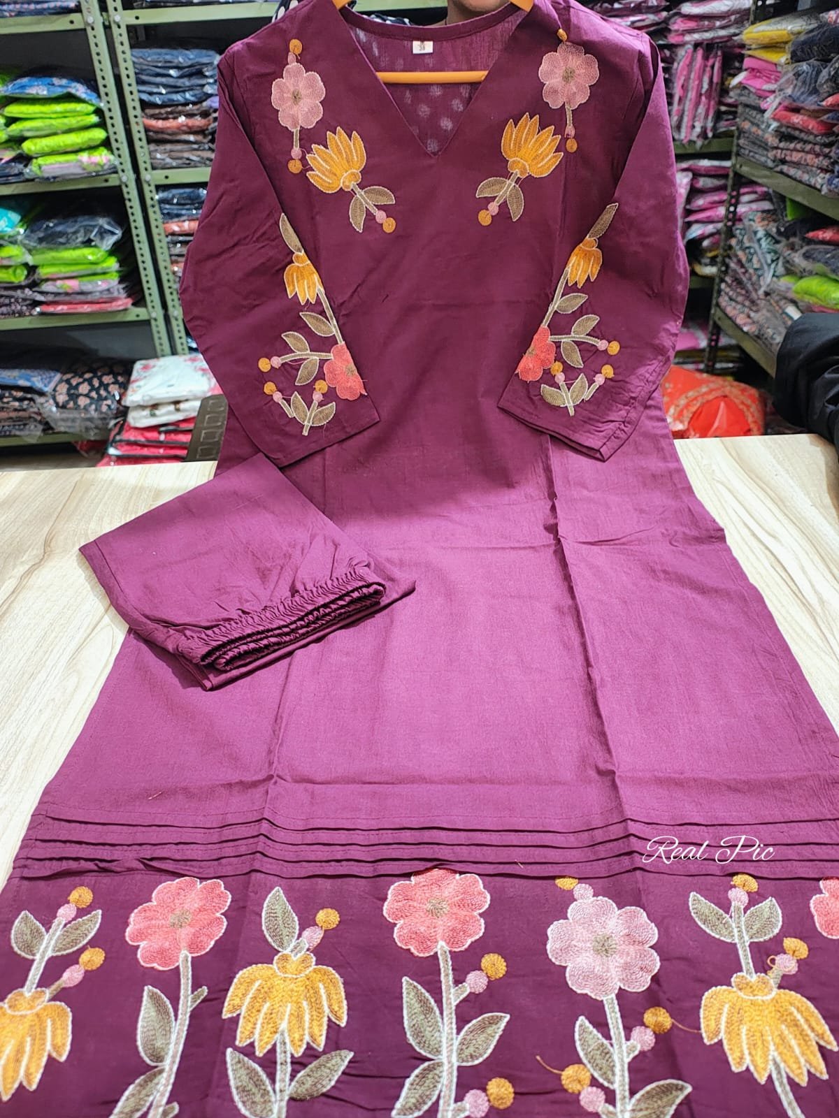 Purple Cotton Embroidered Kurta Pant Set