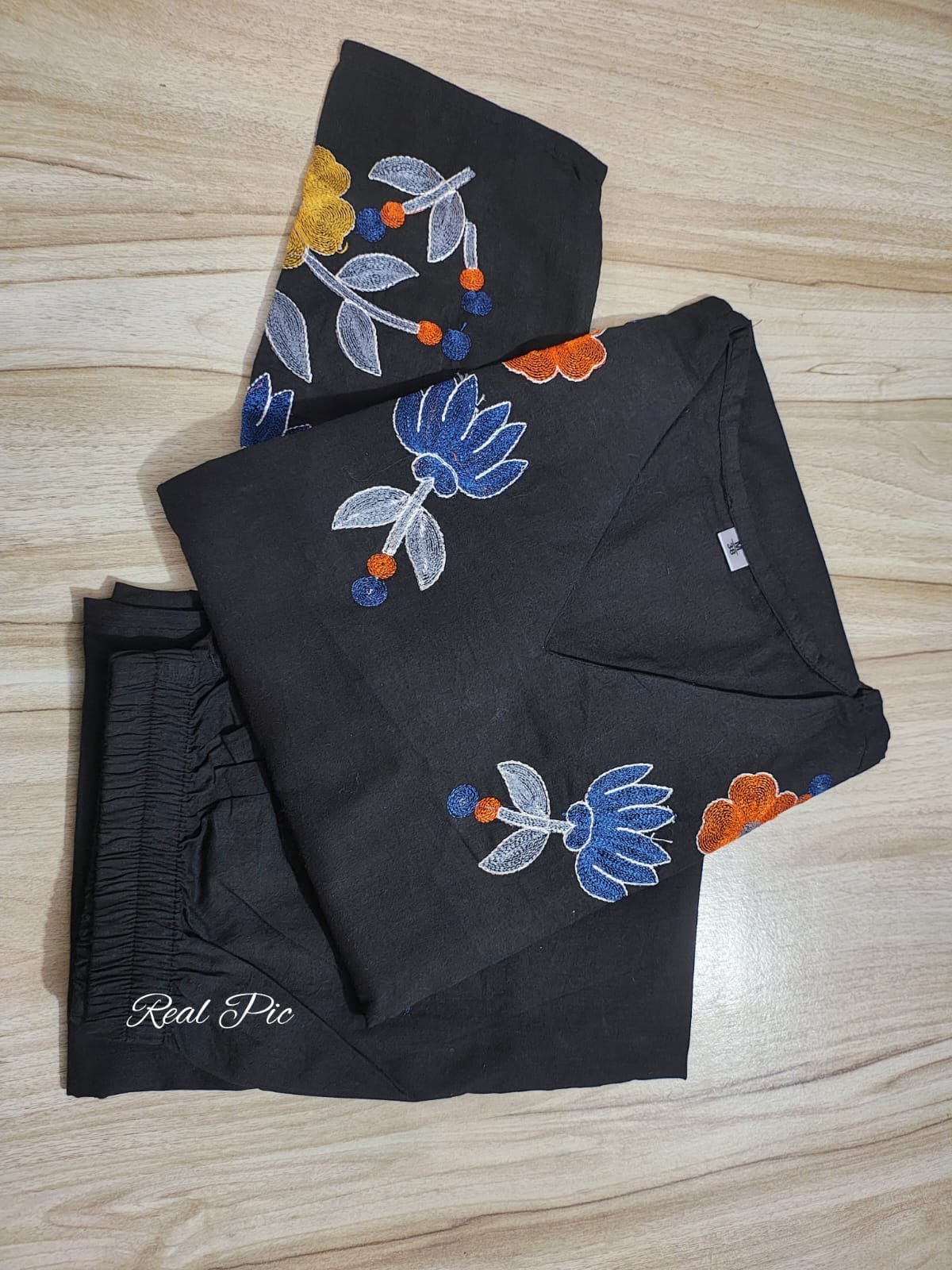 Black Cotton Embroidered Kurta Pant Set