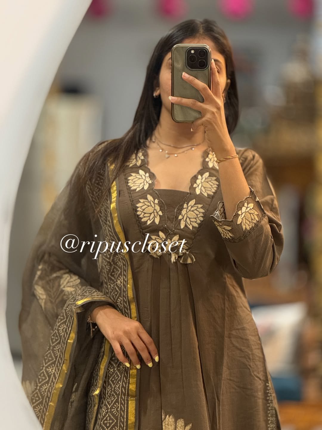 Brown Designer Cotton Suit Set with Dupatta