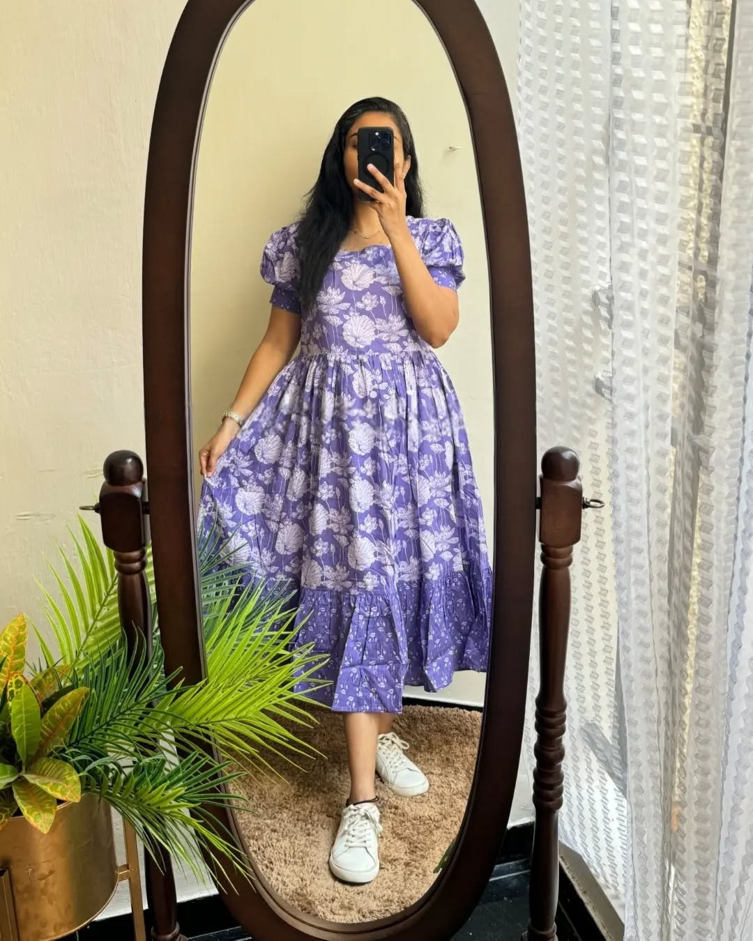 Purple  Printed Cotton Midi Gown Dress