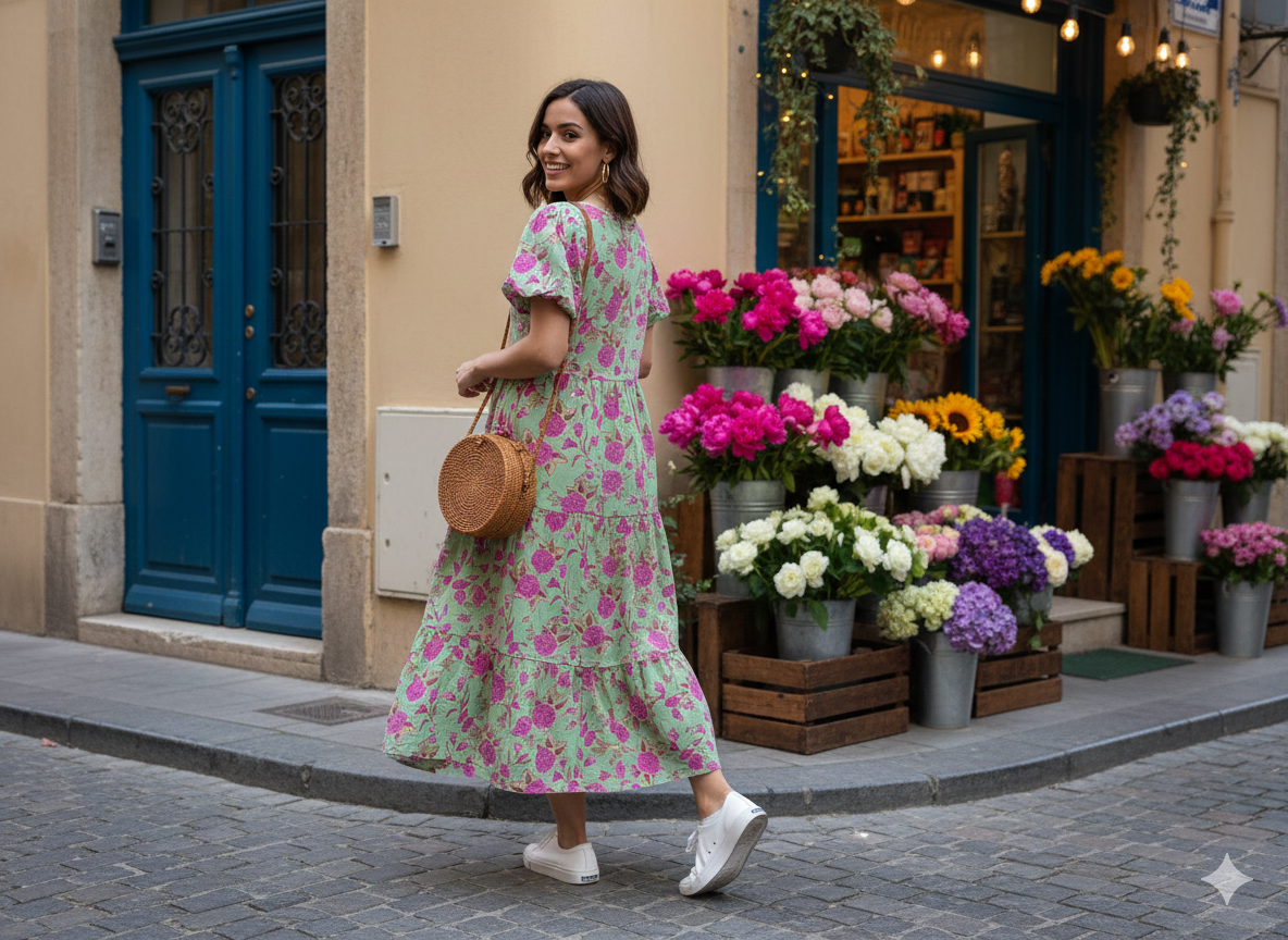 Green Printed Cotton Midi Gown Dress