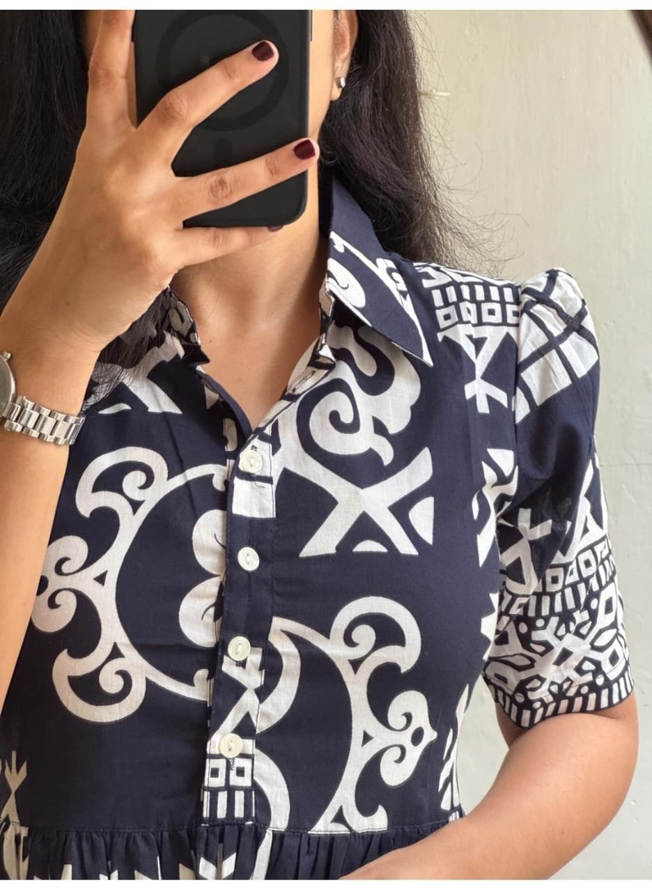 Navy Blue Printed Cotton Midi Gown Dress