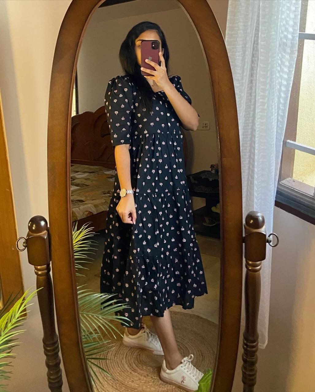 Black Lotus Print Pure Cotton Midi Gown