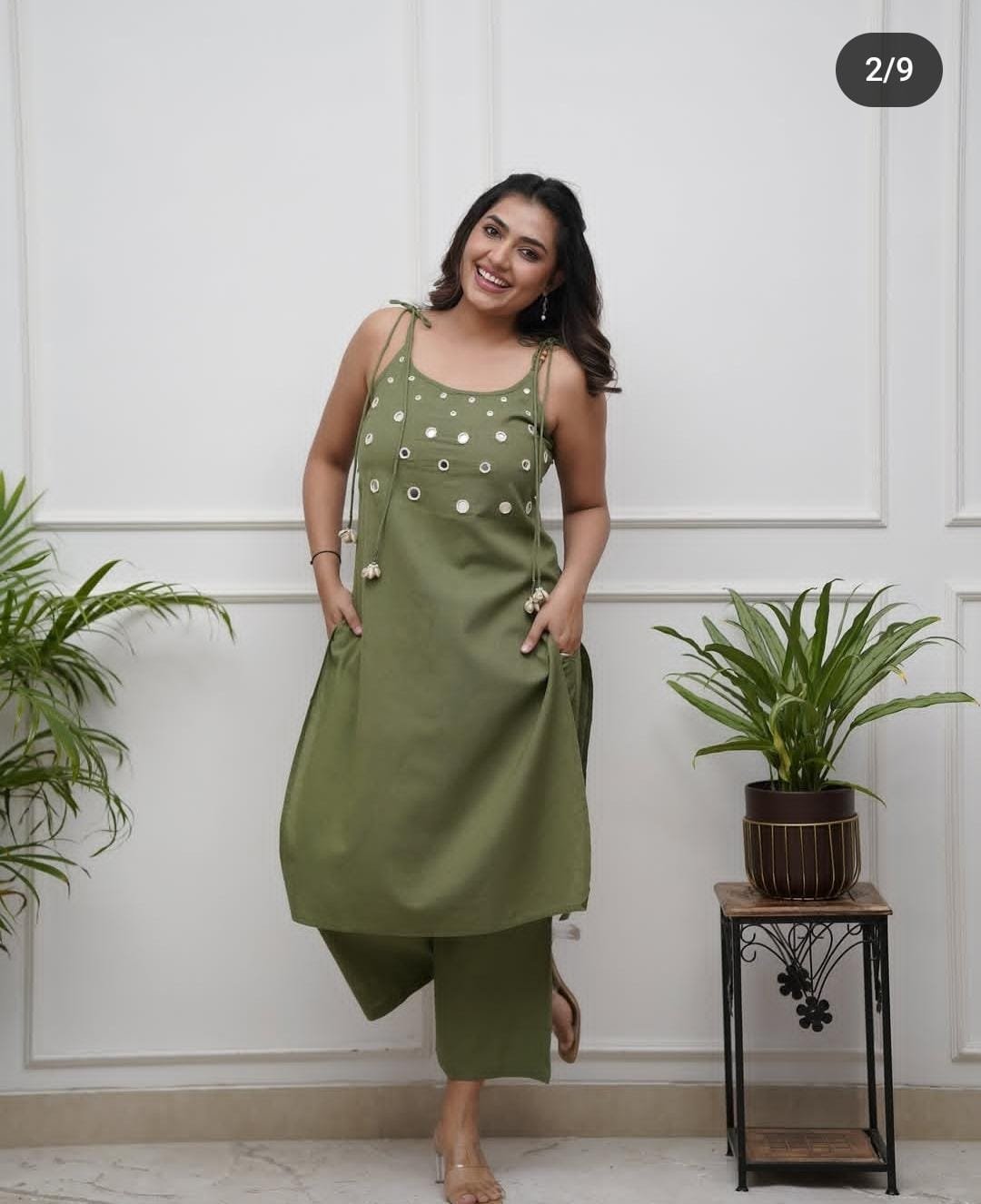 Green Summer Cotton Slub Kurta Pant Set