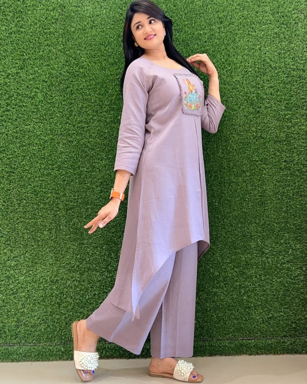 Purple Cotton Slub Embroidered Tunic Set