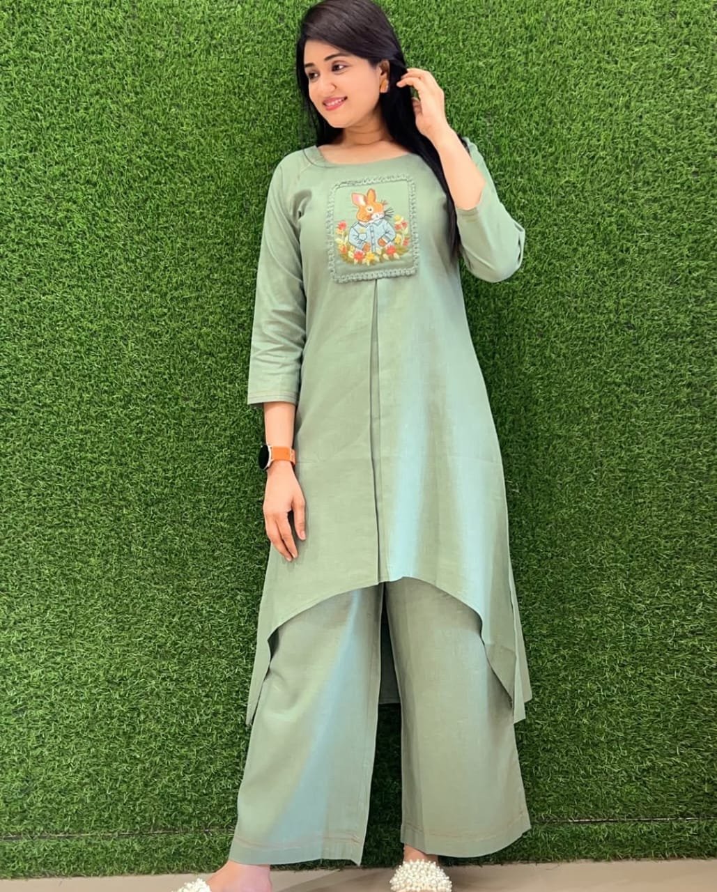 Green Cotton Slub Embroidered Tunic Set