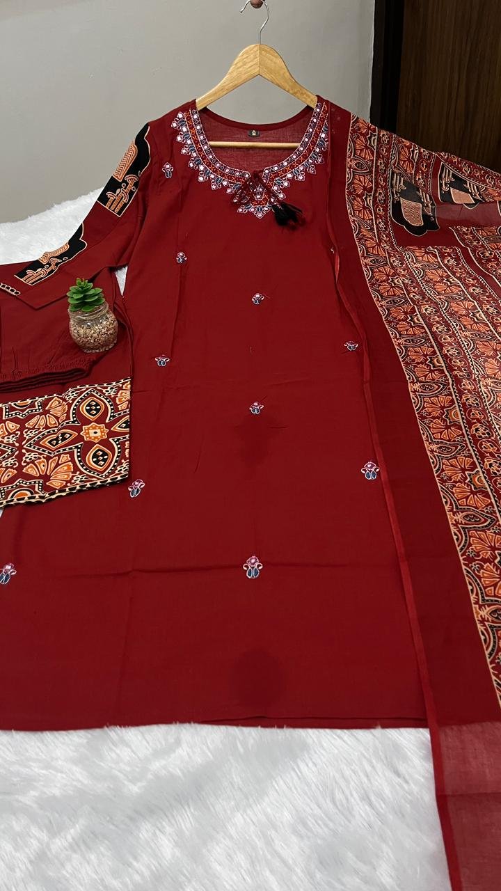 Heavy Cotton Embroidered Kurti Pant Dupatta Set