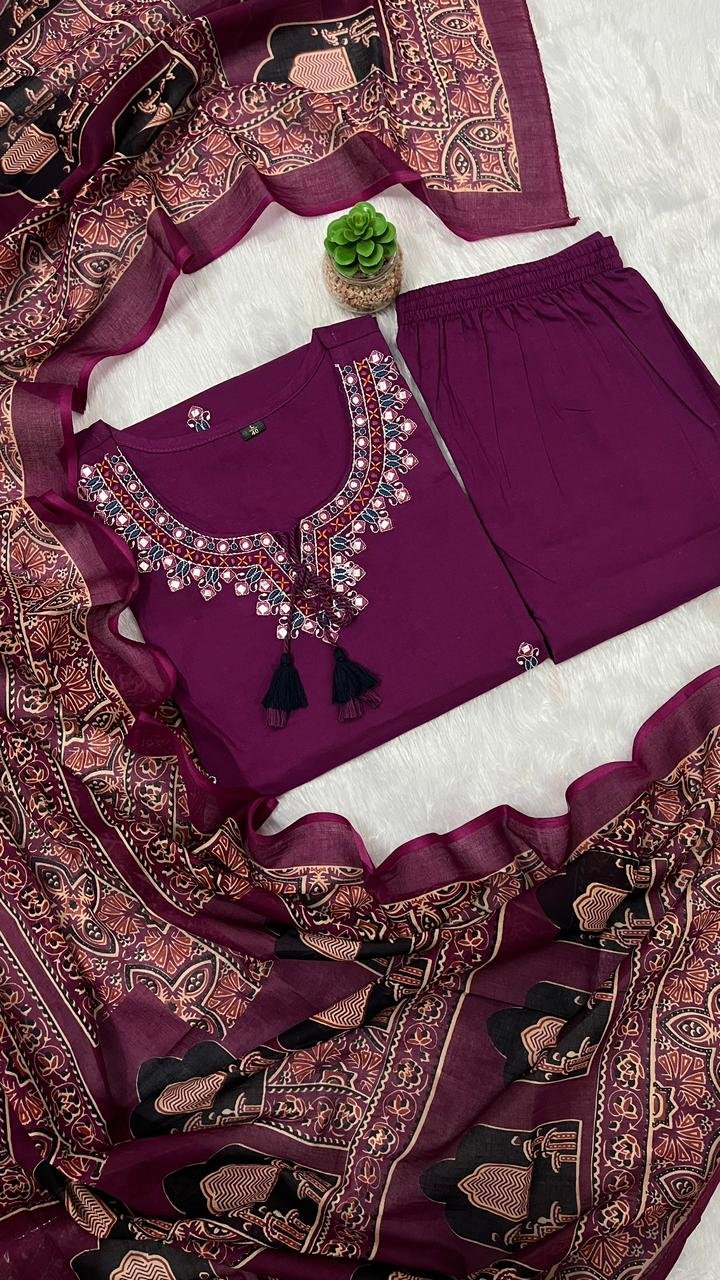 Heavy Cotton Embroidered Kurti Pant Dupatta Set