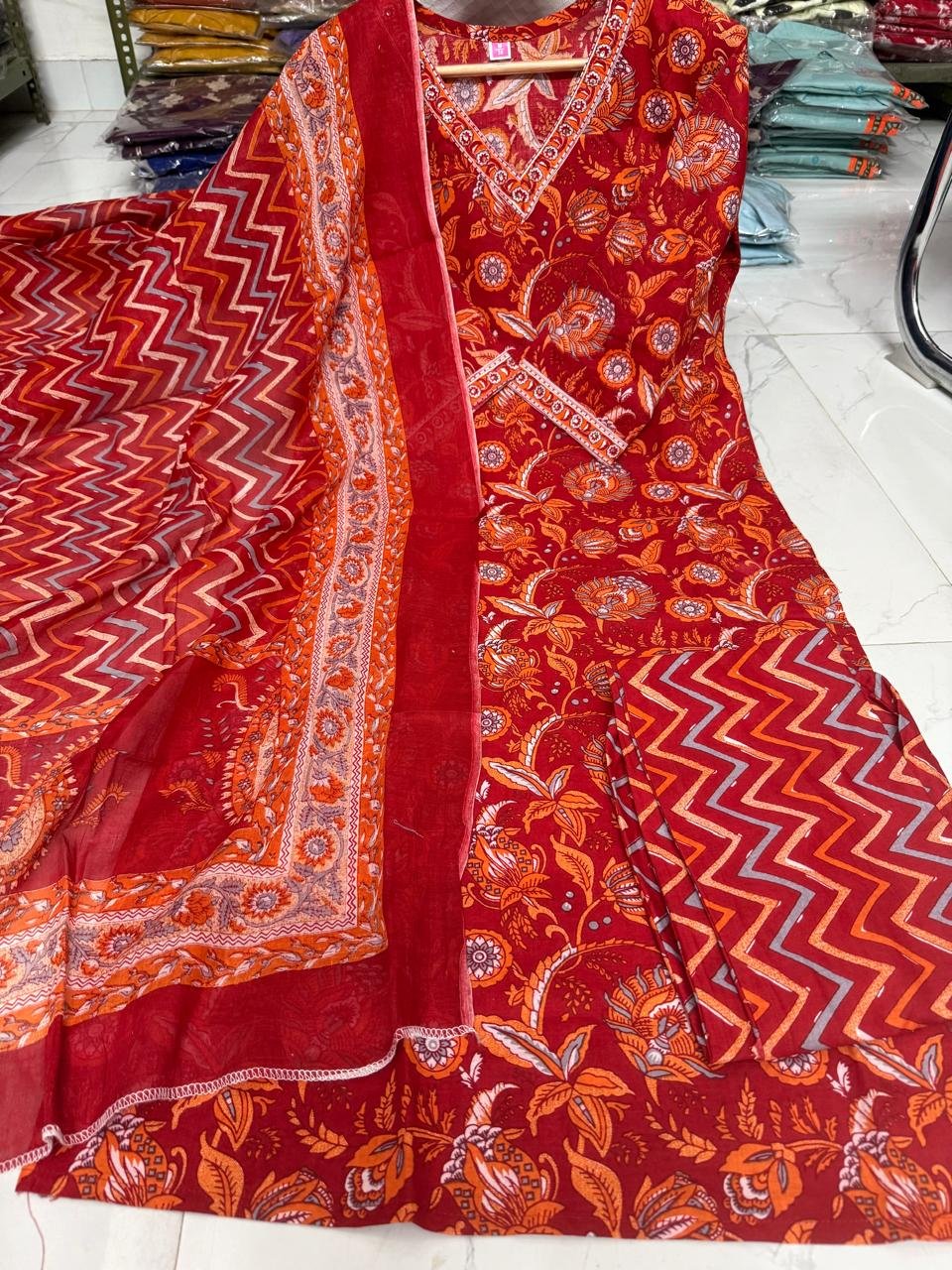 Festive Cotton Kurti Pant Set With Dupatta