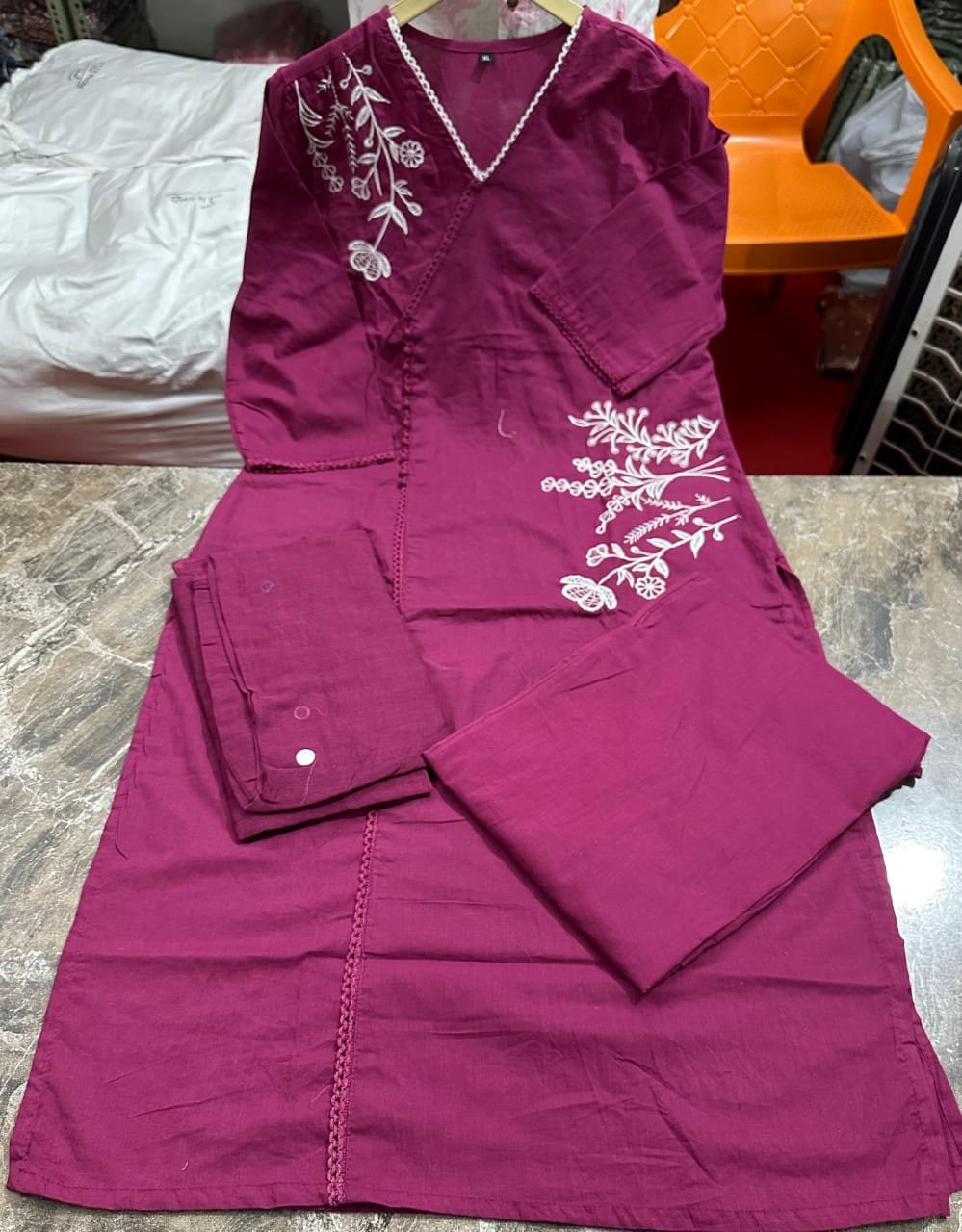 Wine Cotton A-Line Kurti Pant Dupatta Set
