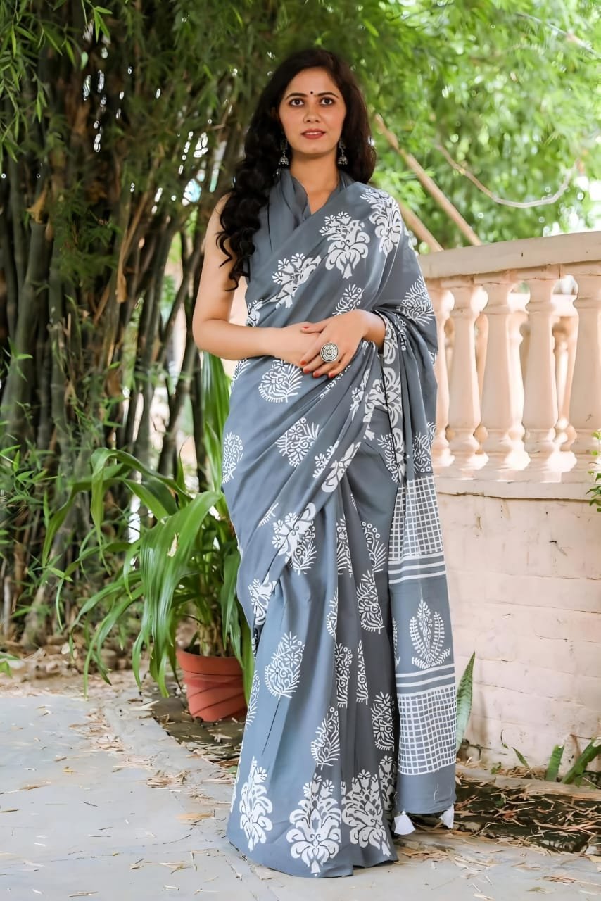 Bagru Block Printed Mulmul Cotton Saree