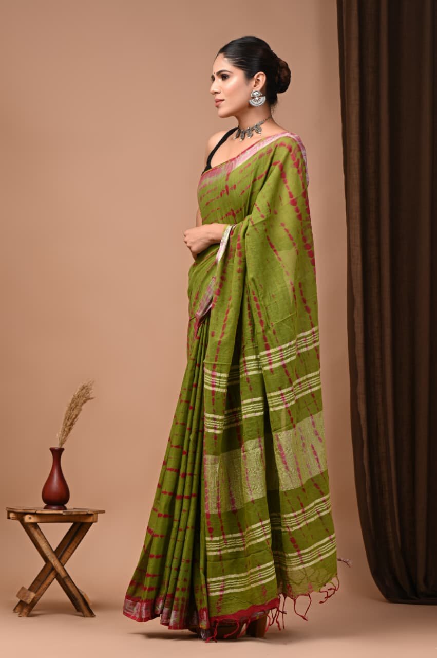 Hand Block Printed Linen Saree with Blouse