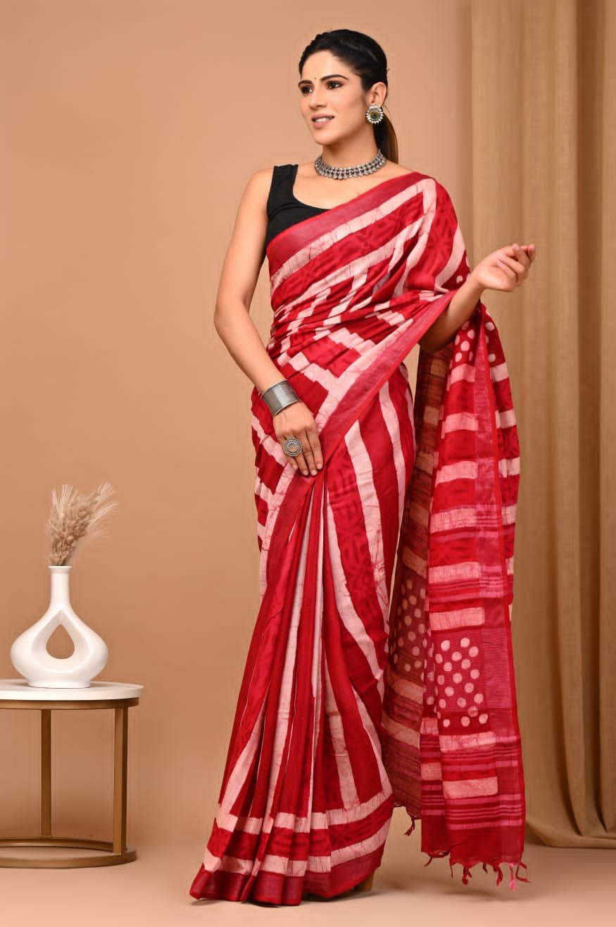 Hand Block Printed Linen Saree with Blouse
