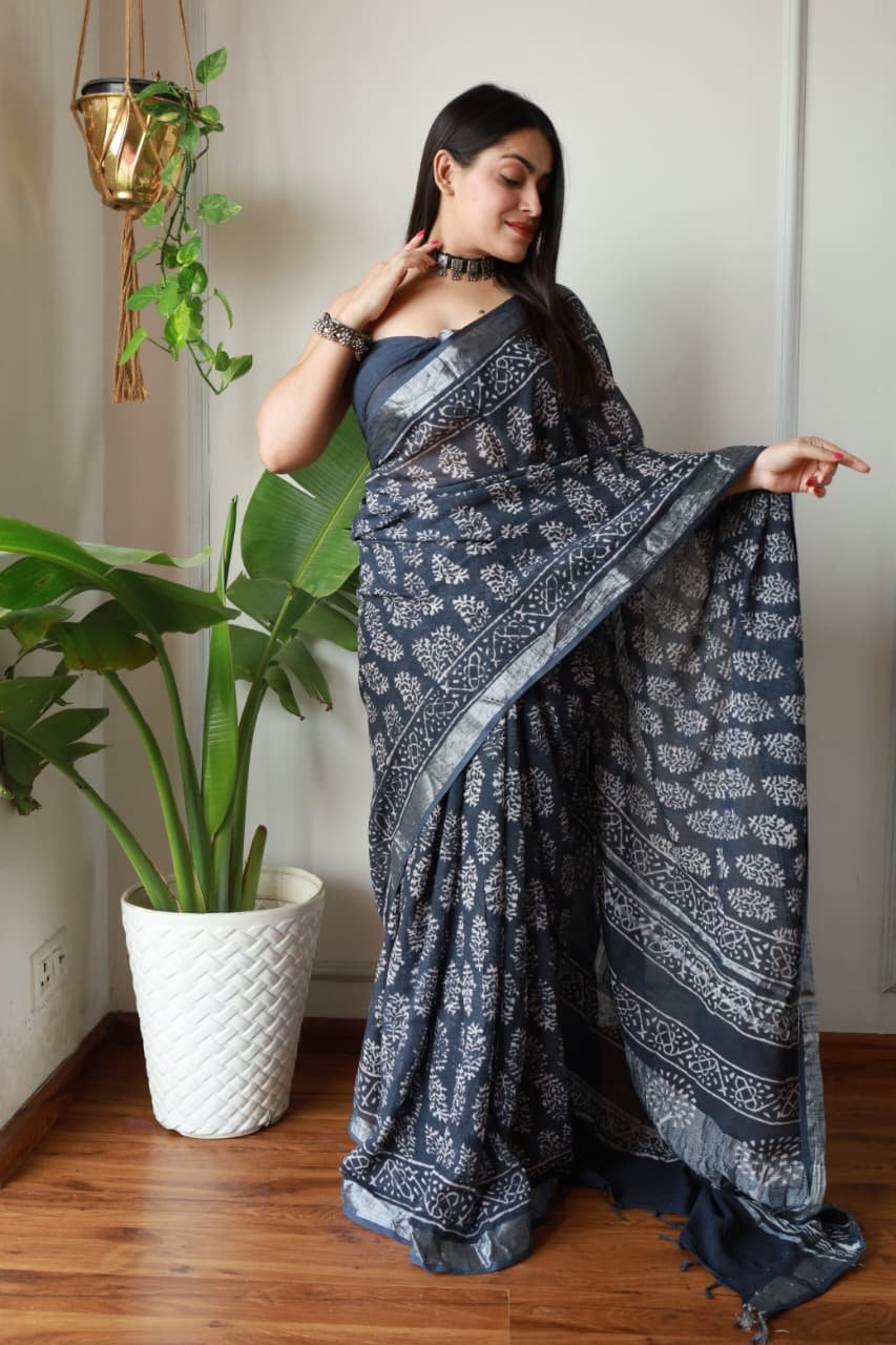 Hand Block Printed Linen Saree with Blouse