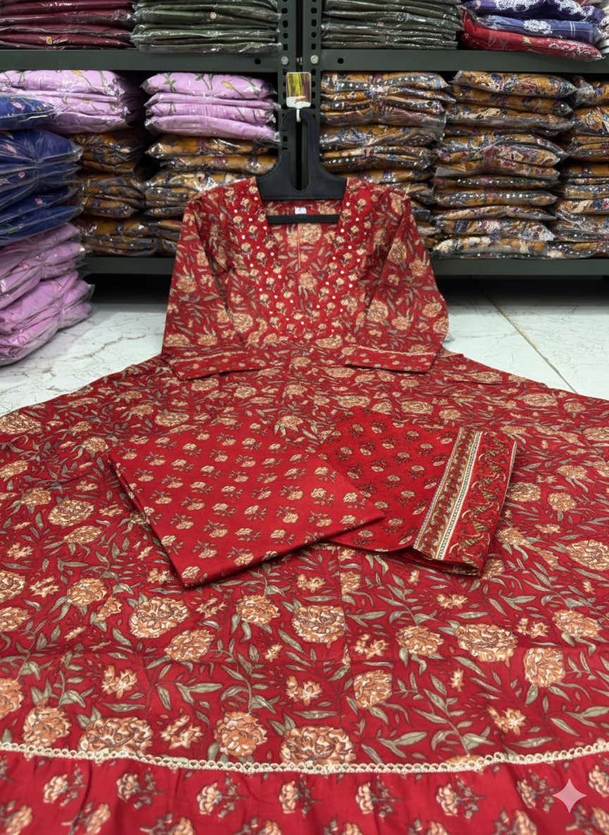 Printed Cotton Anarkali Kurta Set with Dupatta