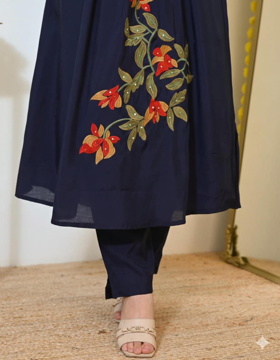 Blue  Pintex Embroidered Summer Cotton Kurti