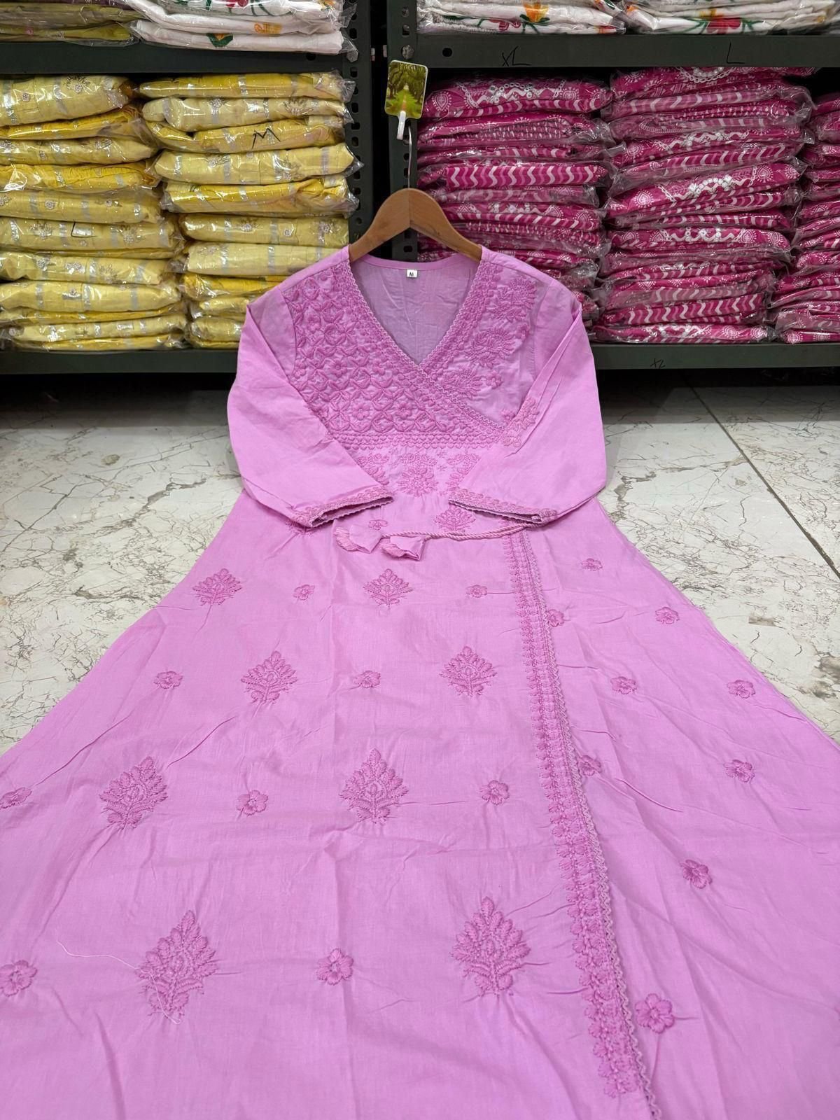 Pink Chikankari Cotton Angrakha Kurti Pant Set