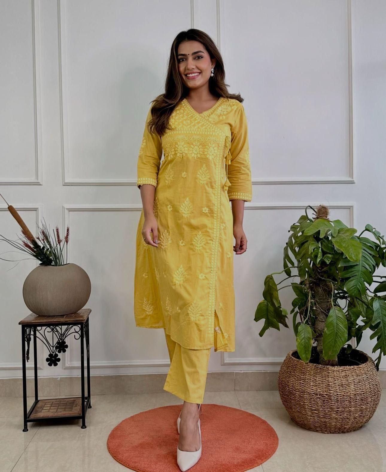 Yellow Chikankari Cotton Angrakha Kurti Pant Set