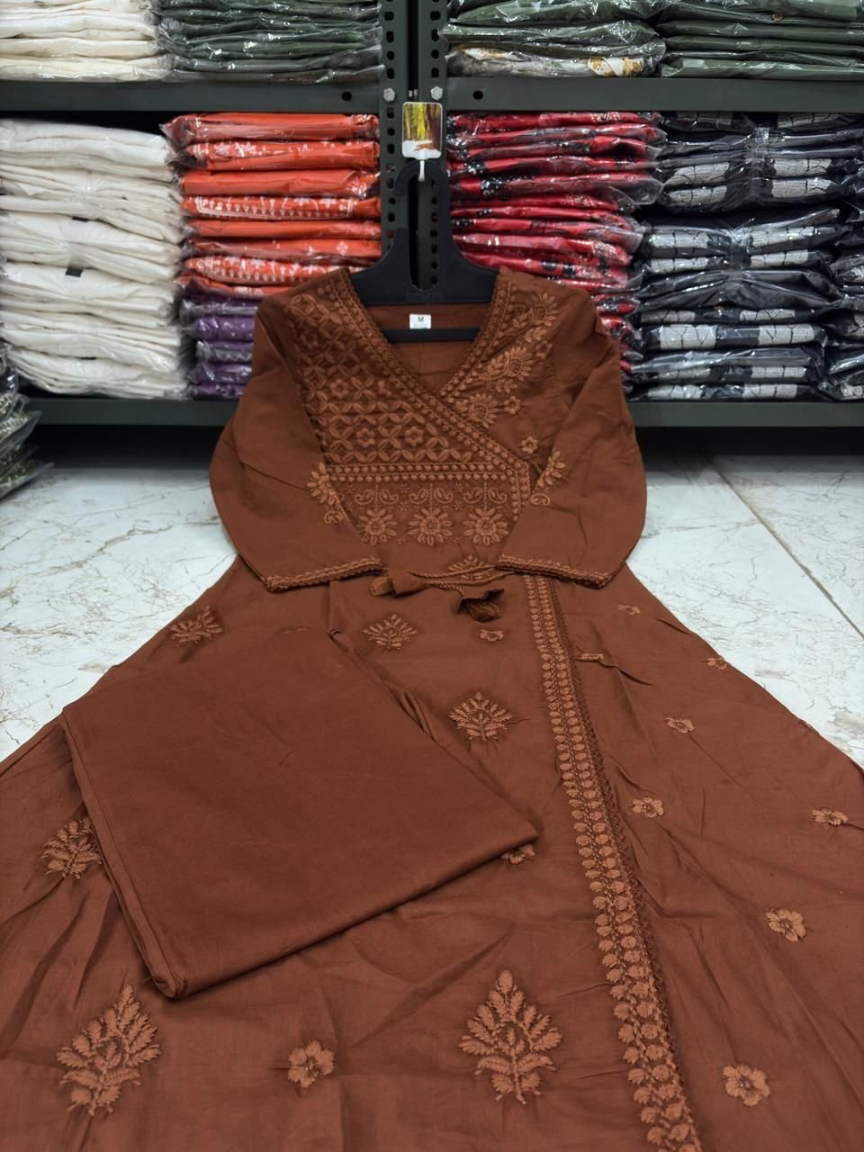 Brown Chikankari Cotton Angrakha Kurti Pant Set