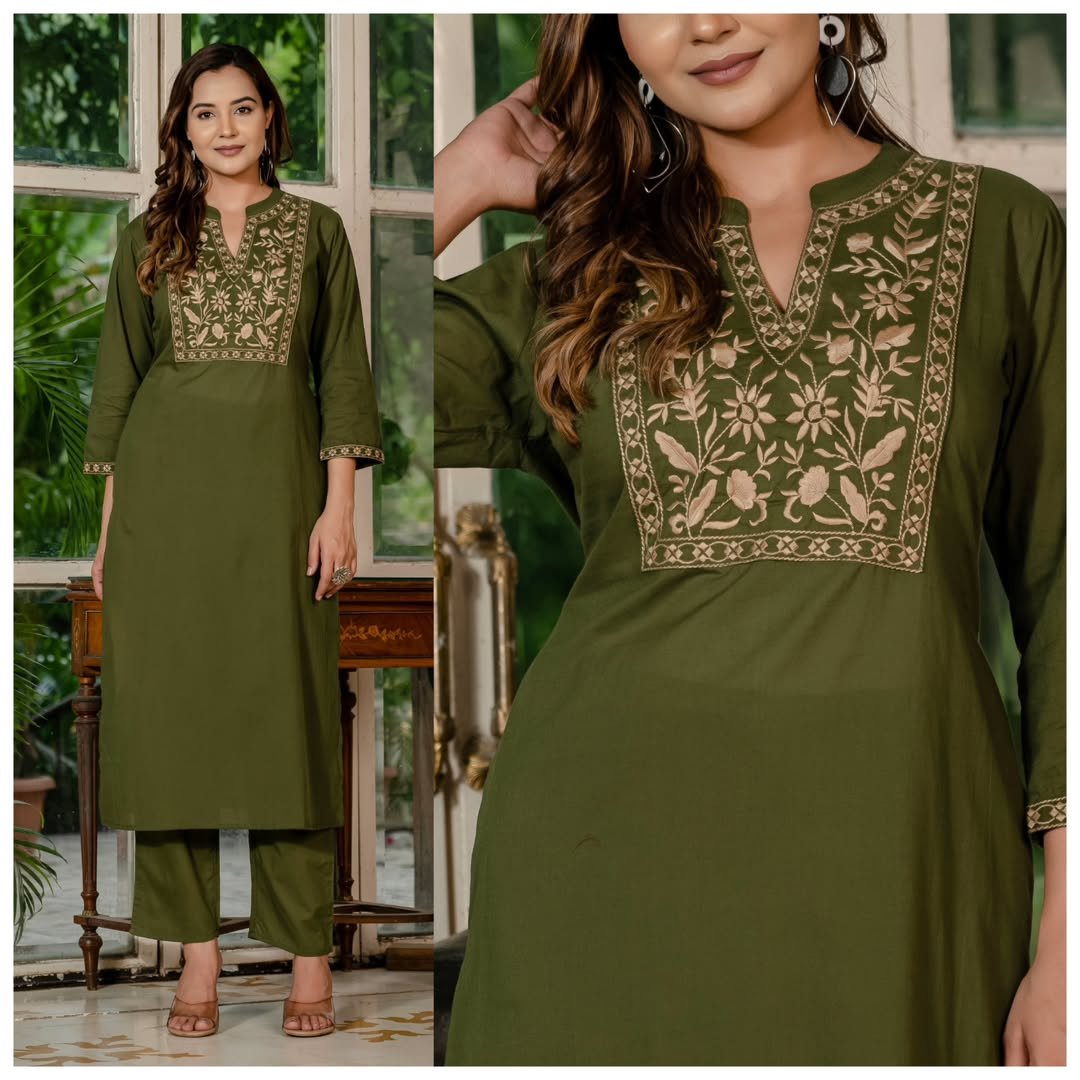 Cotton Thread Embroidered Kurti Palazzo Set