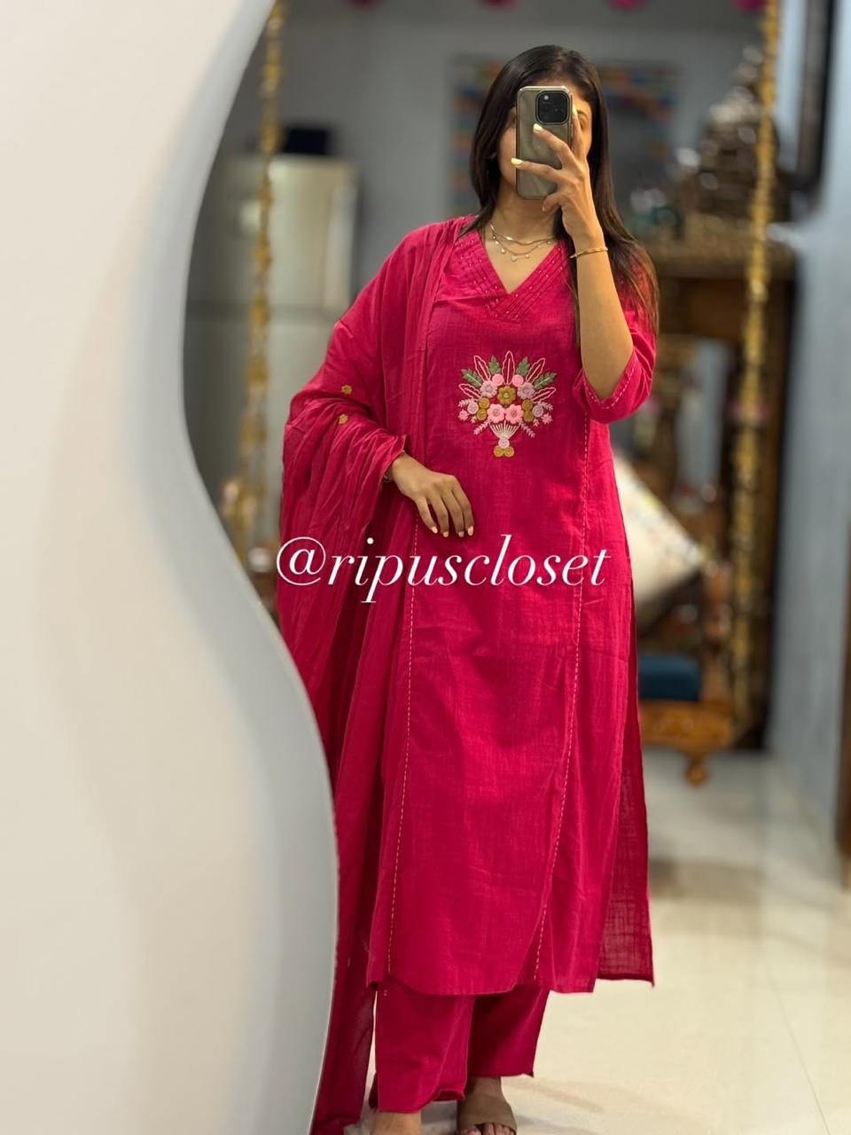 Cotton Khadi Embroidered Kurti Pant Suit Set