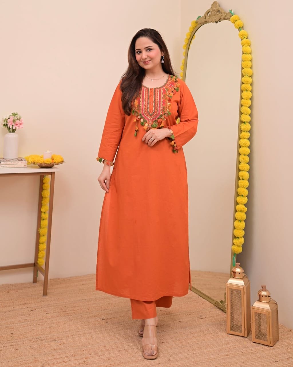 Pure Cotton Festive Embroidered Kurta Pant Set
