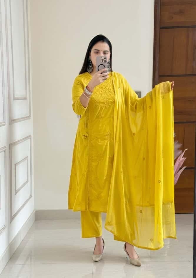 Yellow Cotton Chikankari Angrakha Set