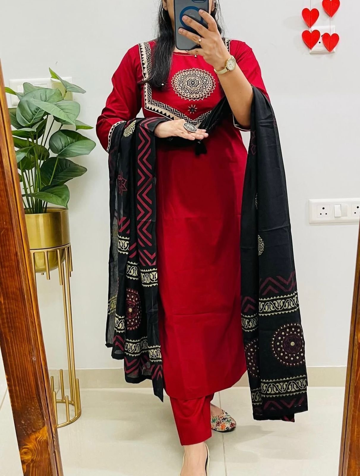 Red Handwork Cotton Suit Set