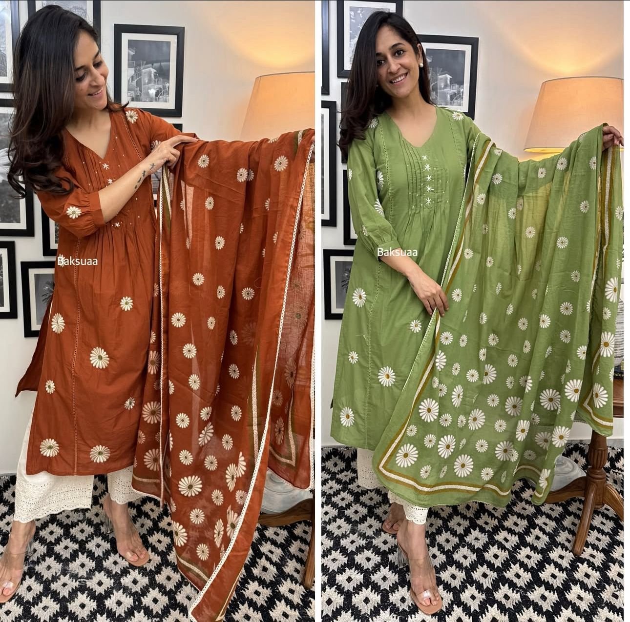 Green Cotton Embroidered Kurti Set with Dupatta