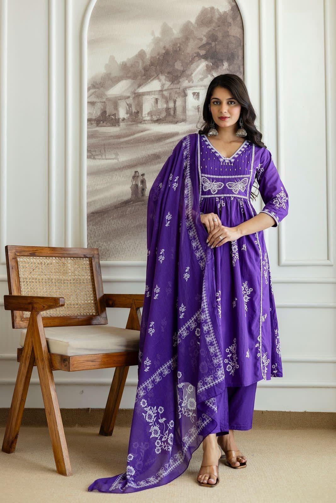 Purple Cotton Discharge Printed Suit Set with Embroidery